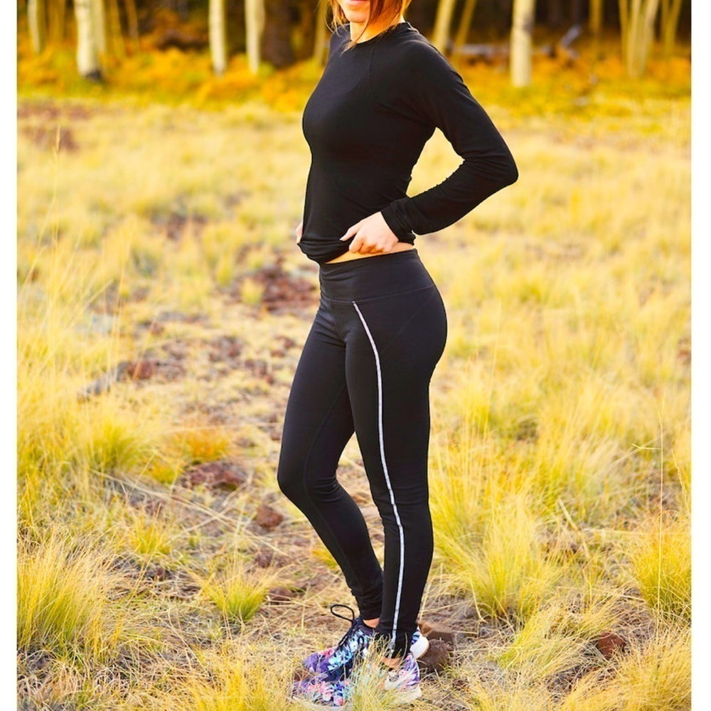 SWEATY BETTY Black Yoga Leggings Running Reflective Detail Stripe Workout